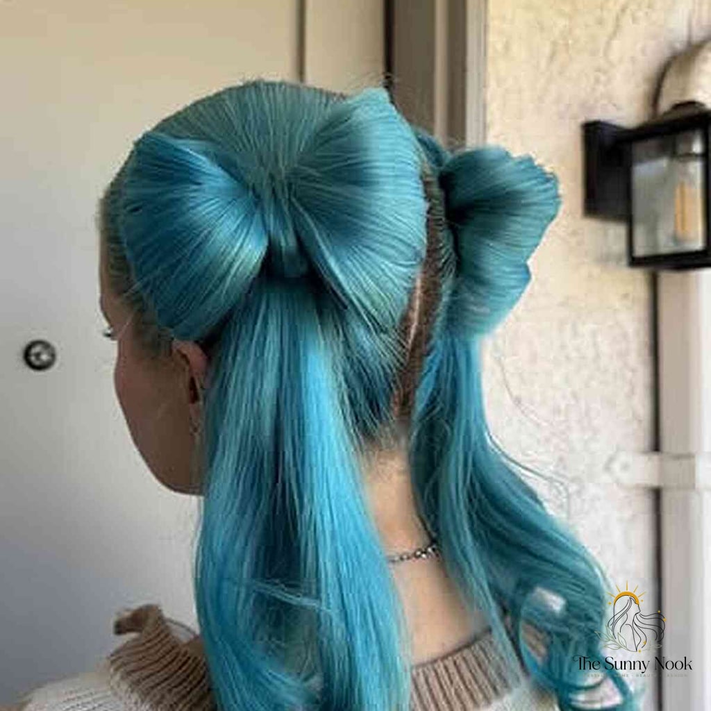 30 Cute Long Hairstyles You'll Want to Re-Create Immediately 23 Aqua Blue Bow Hairstyle with Loose Curls