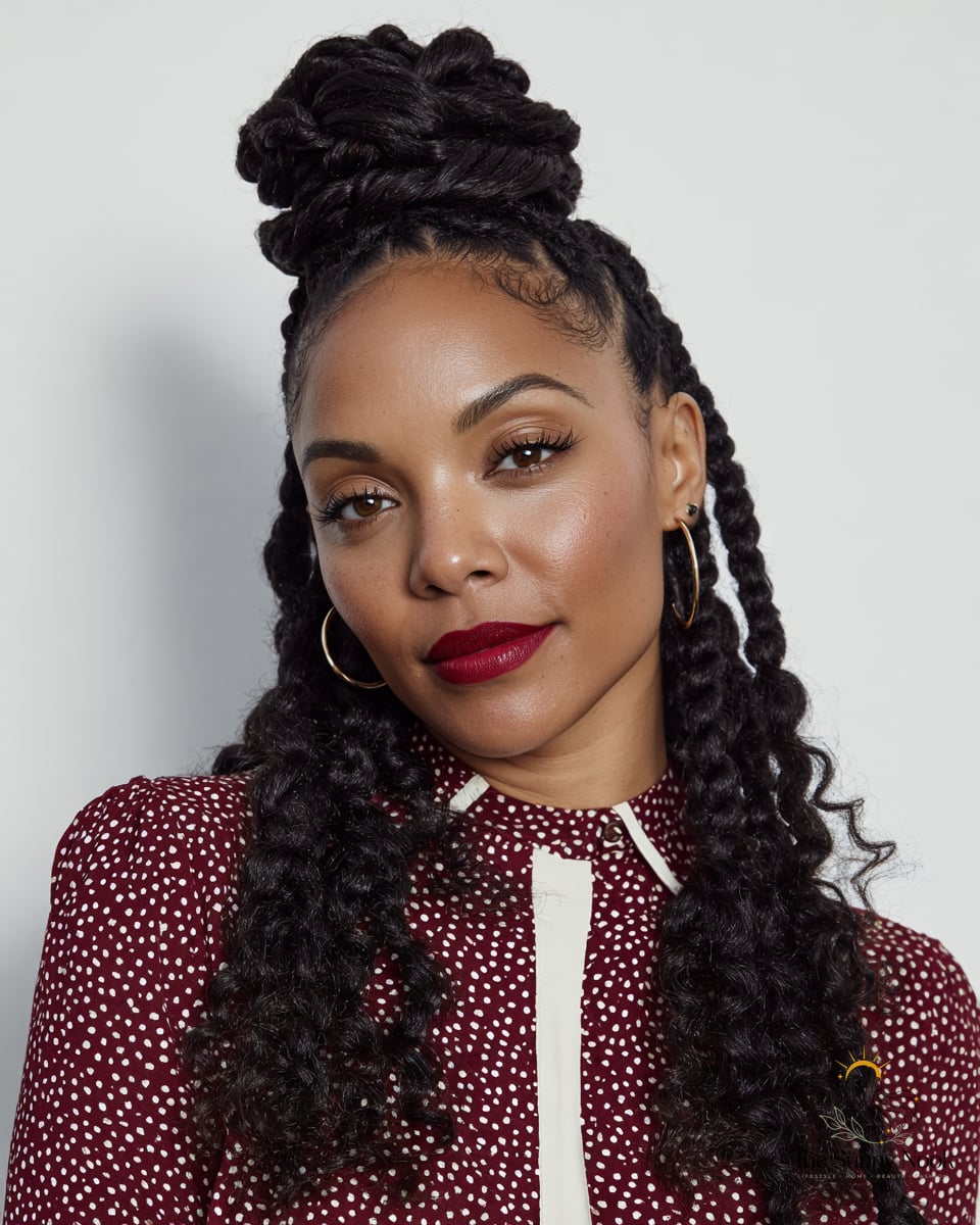 13 Small Braids Hairstyles We're Obsessed With Right Now 3 Bantu Knots on Top with Curls Cascading Down