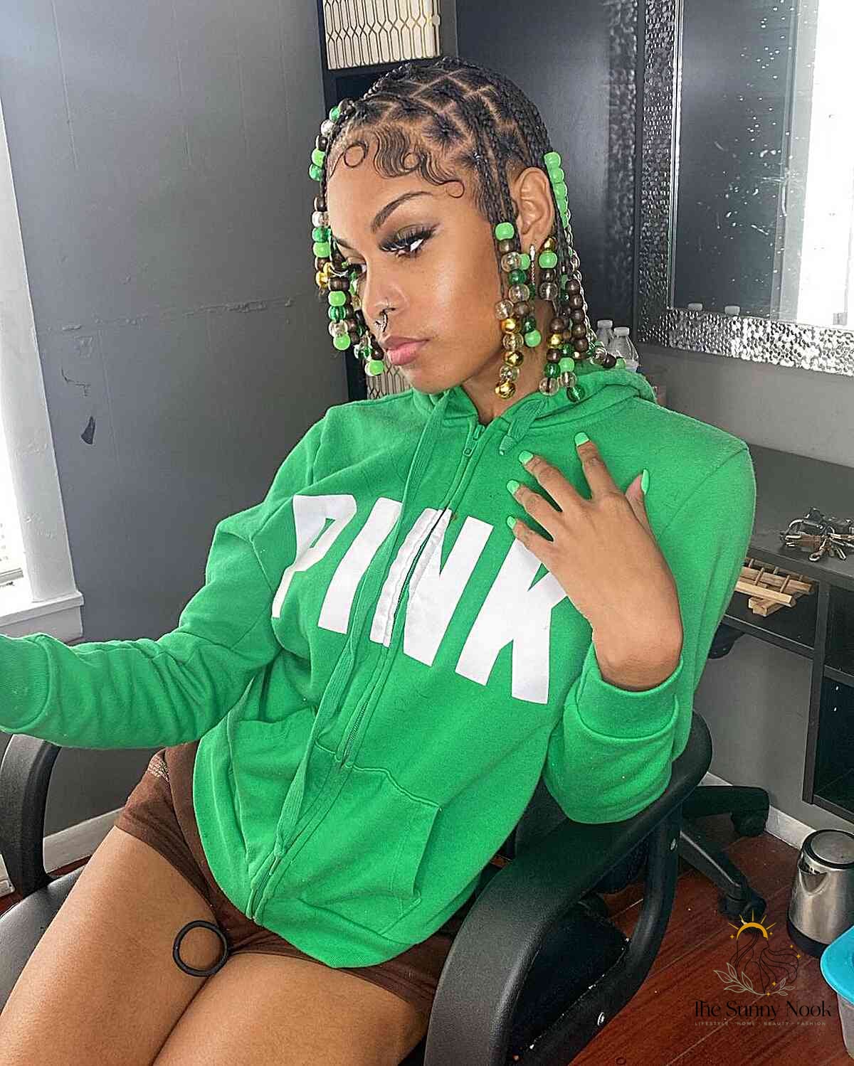 10 Color Knotless Braids for the Ultimate Glow Up 3 Box Braided Bob with Green Beads