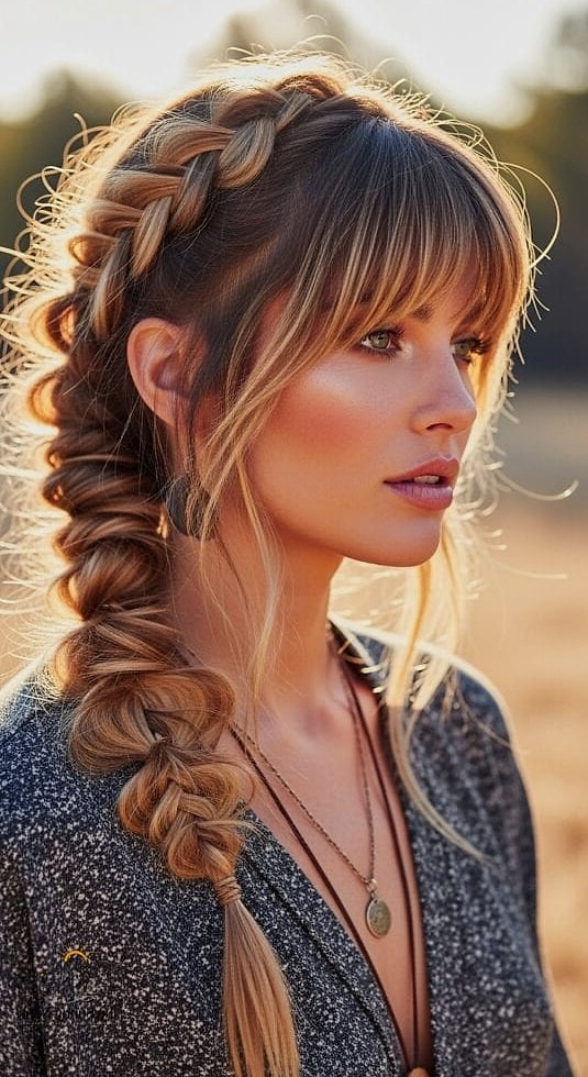 27 Stunning One Braid Hairstyles Worth Bookmarking Today 12 Braid with Curtain Bangs