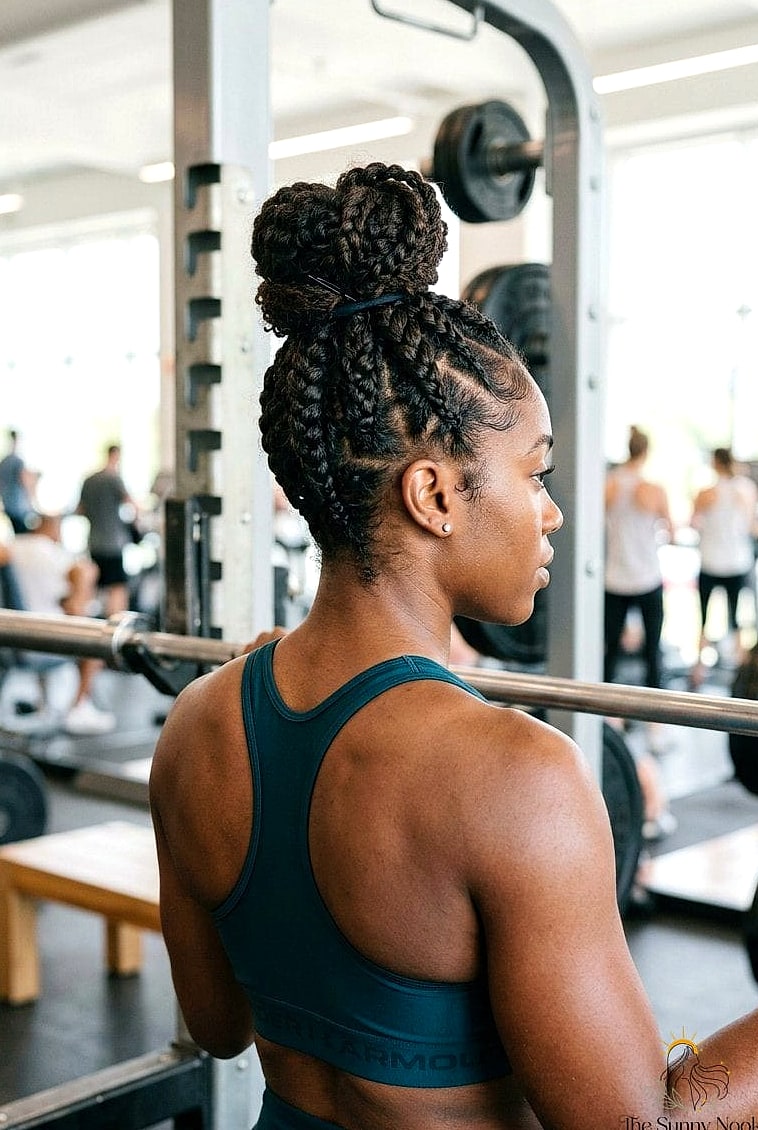 16 Gym Hairstyles For Medium Hair Inspo That's Giving Us Everything 15 Braided Bun Combo