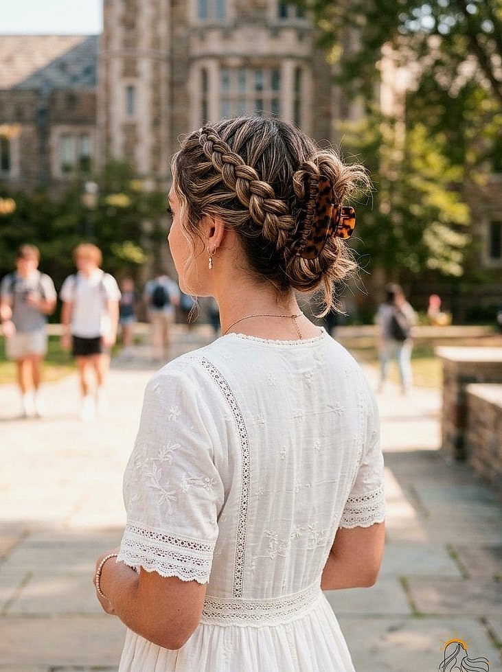 19 Claw Clip Hairstyles Curly Hair Ideas You Need to Try Right Now 11 Braided Crown with Claw Clip Finish