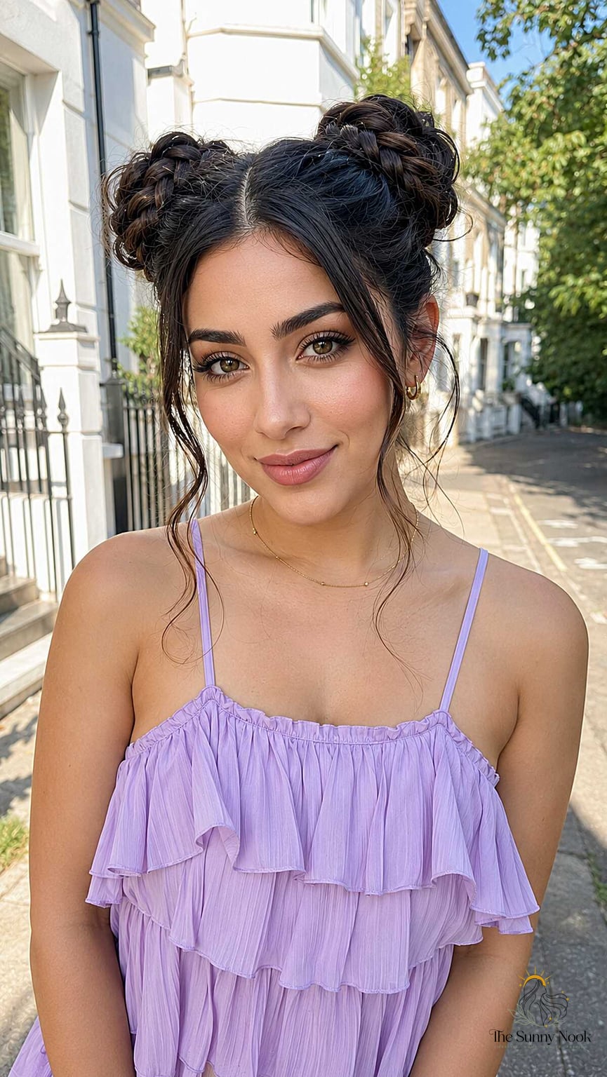 27 Easy Braid Hairstyles That Work on Every Hair Length 6 Braided Double Buns with Wispy Face Framing