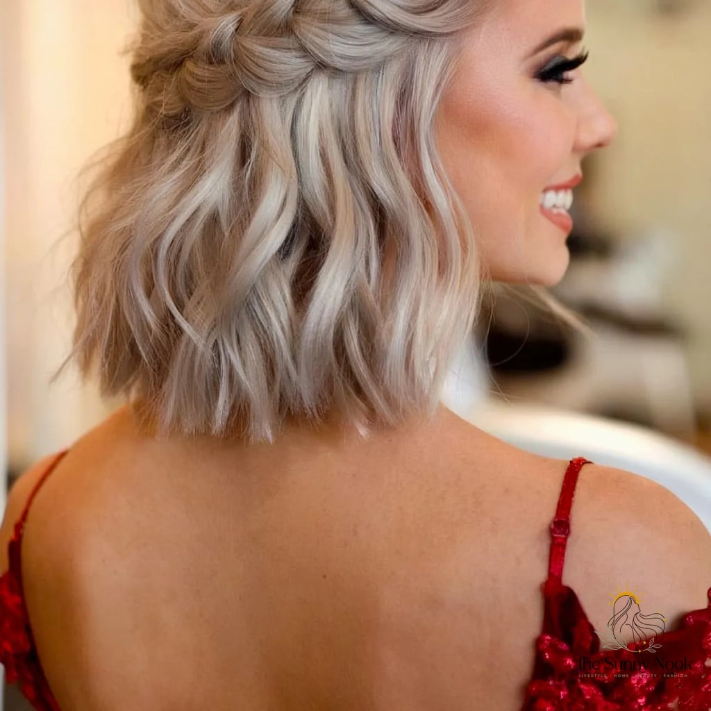 16 Prom Hair Ideas For Short Hair to Save Before They Blow Up 12 Braided Half-Up on a Wavy Blunt Bob
