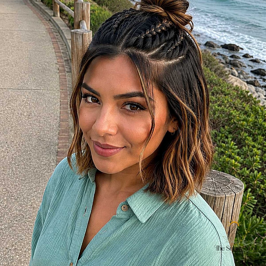 15 Messy Bun Tutorial For Short Hair to Save Before They Blow Up 6 Braided Half-Up Top Knot on a Warm Coastal Day
