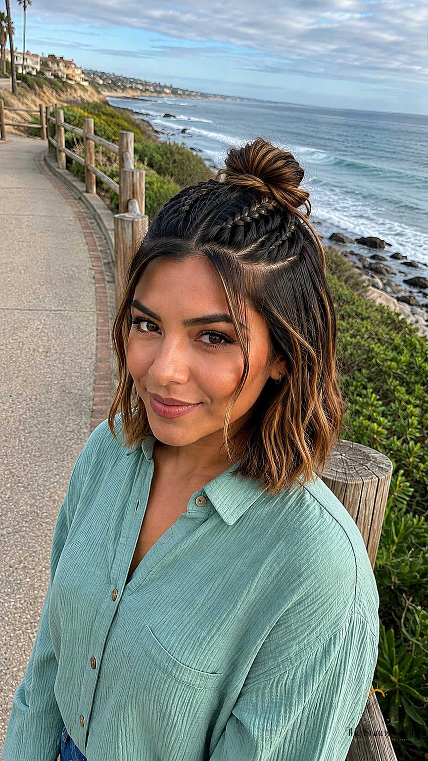 27 Easy Braid Hairstyles That Work on Every Hair Length 25 Braided Half-Up Top Knot on a Warm Coastal Day