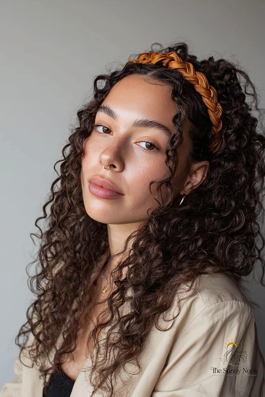 21 Headband Hairstyles Curly Hair Everyone Is Pinning Right Now 8 Braided Headband Woven Into Natural Curls