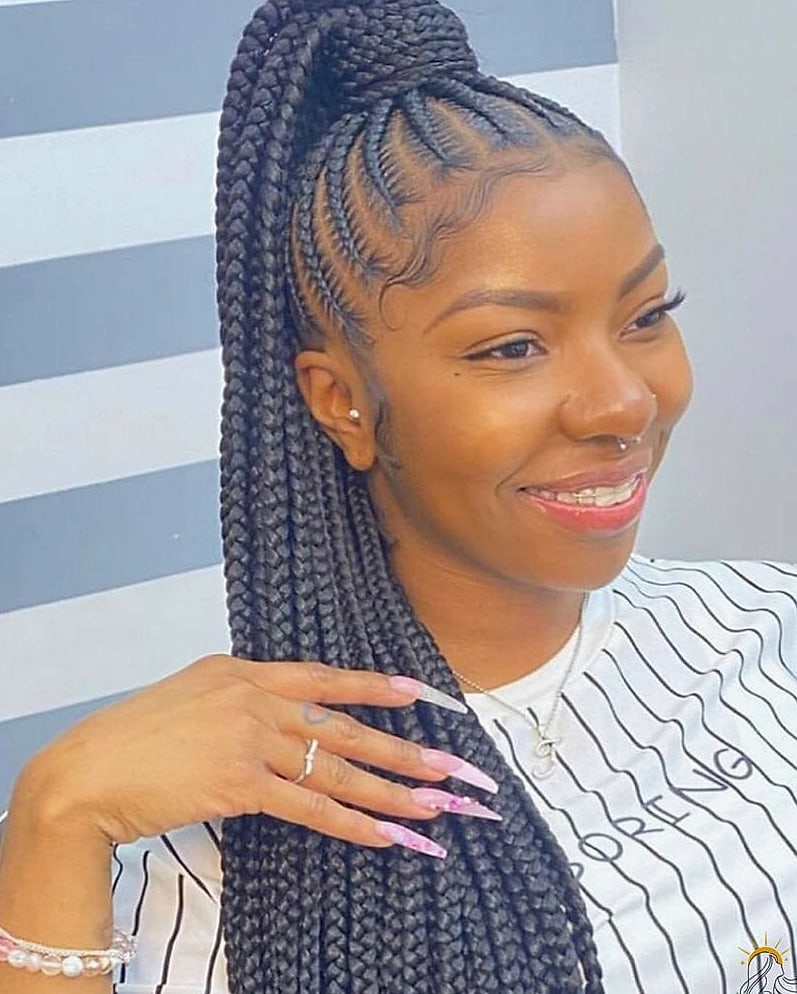 27 Ponytail Hairstyles Short Hair You'll Want to Re-Create Immediately 21 Braided Space Buns on Jet Black Hair