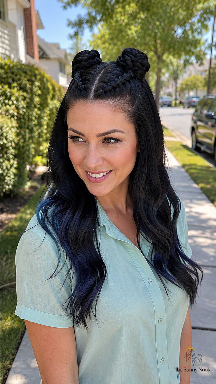 27 Easy Braid Hairstyles That Work on Every Hair Length 11 Braided Space Buns on Jet Black Hair