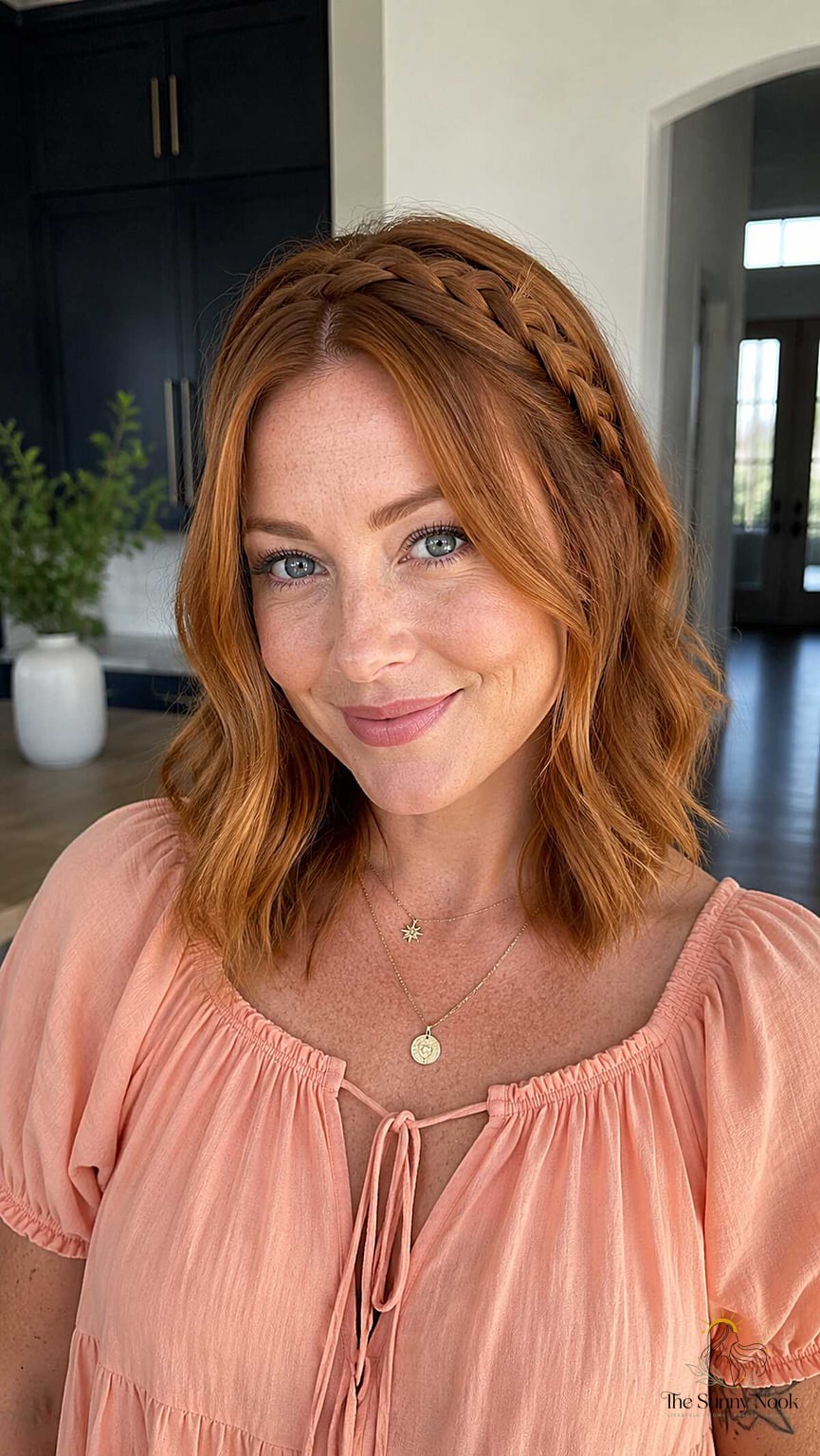 27 Easy Braid Hairstyles That Work on Every Hair Length 19 Copper Bob with a Braided Headband Detail