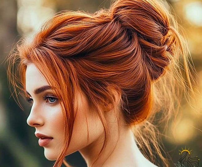 19 Messy Bun Tutorial For Medium Hair That Belong on Your Inspiration Board 15 Copper Red High Bun with Flyaway Texture