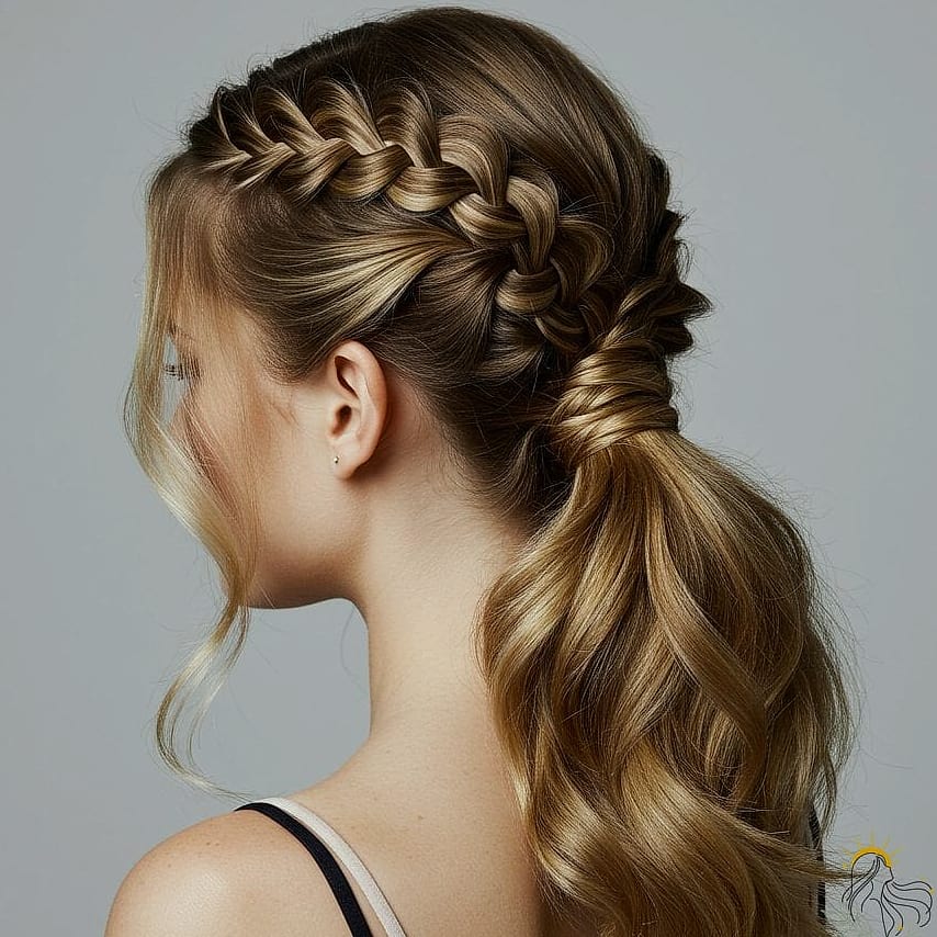 27 Ponytail Hairstyles Short Hair You'll Want to Re-Create Immediately 23 Crown Braid Half-Down with Olive Silk Bow