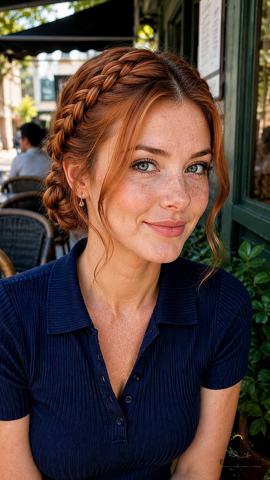 27 Easy Braid Hairstyles That Work on Every Hair Length 27 Crown Braid Swept into a Low Braided Bun on Natural Copper Hair