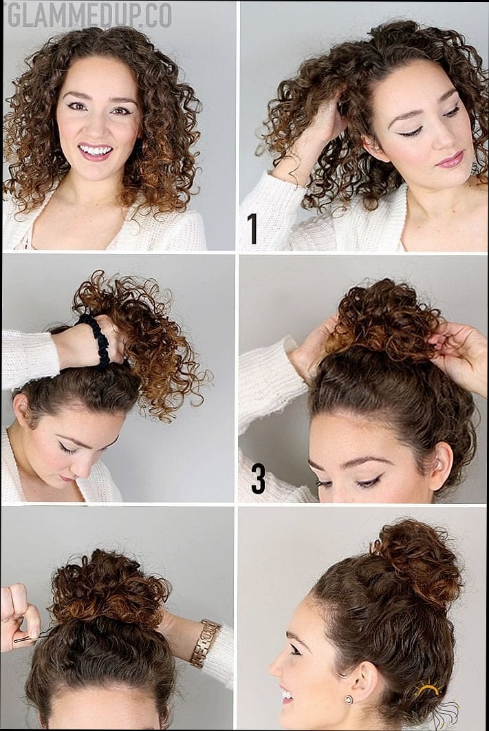 19 Messy Bun Tutorial For Medium Hair That Belong on Your Inspiration Board 14 Curly Bun with Braided Headband