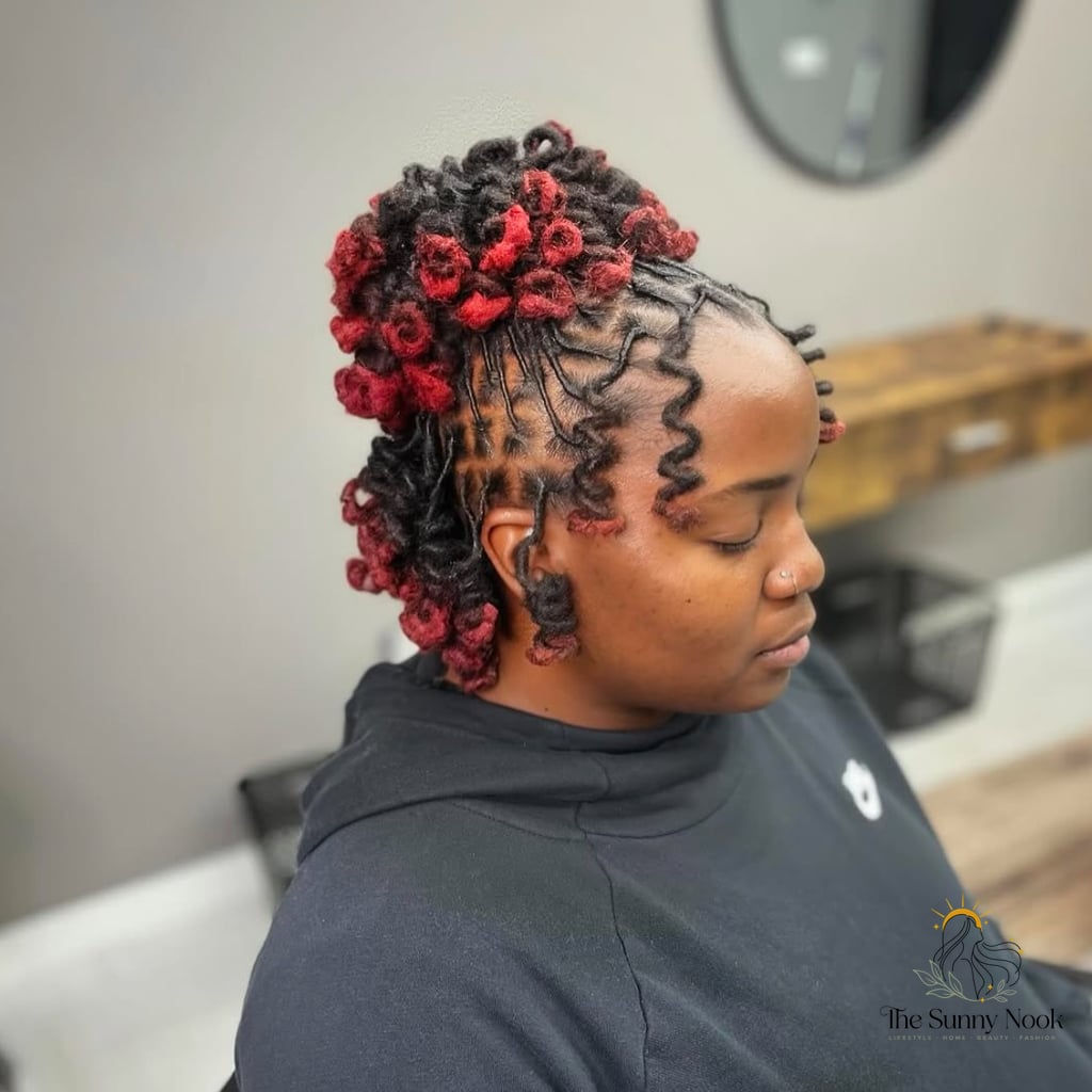 Curly Loc Updo With Red Tips That Pop