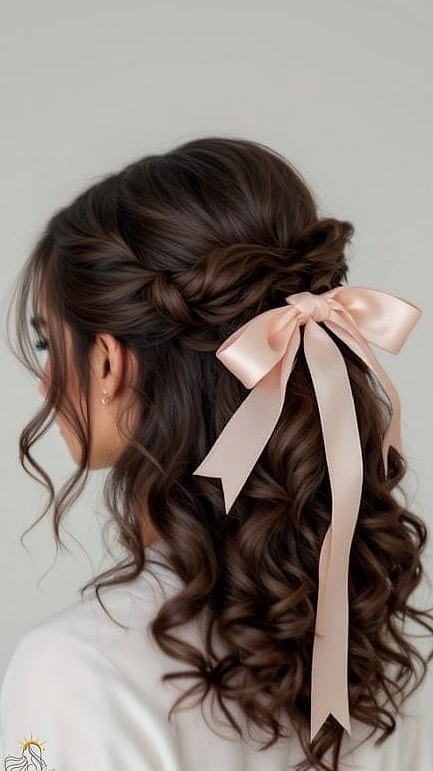 27 Half Up Hairstyles For Long Hair for the Ultimate Glow Up 18 Curly Ribbons with Flowers