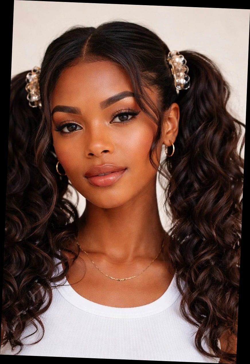 19 Claw Clip Hairstyles Curly Hair Ideas You Need to Try Right Now 6 Double Claw Clip Pigtail Buns