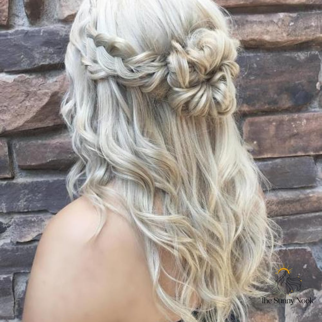 27 Half Up Hairstyles For Long Hair for the Ultimate Glow Up 6 Flower Braid Bun