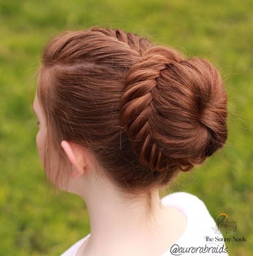 27 Slick Bun Hairstyles We're Obsessed With Right Now 4 French to Lace Fishtail Bun