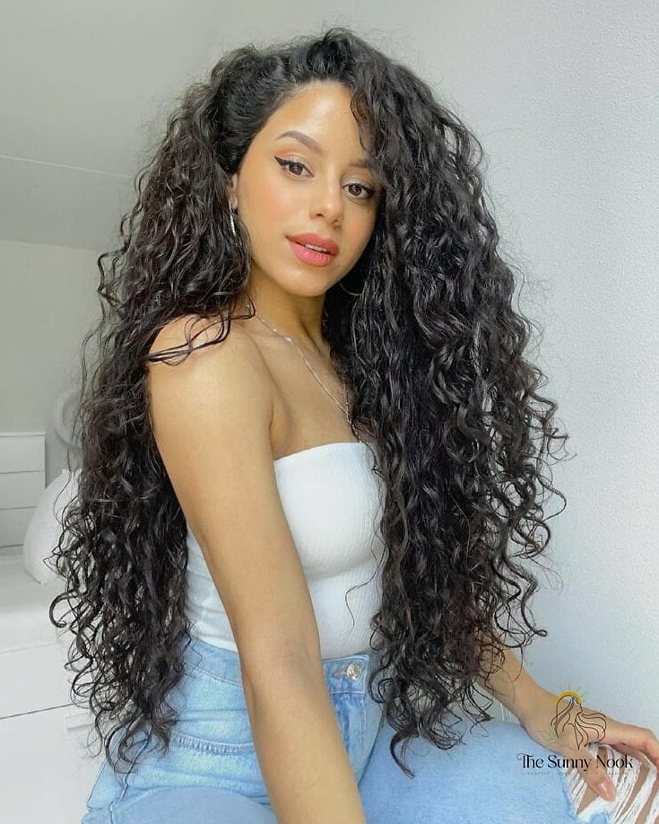 Glossy Long Layered Curly Cut with Center Part and Face-Framing Layers