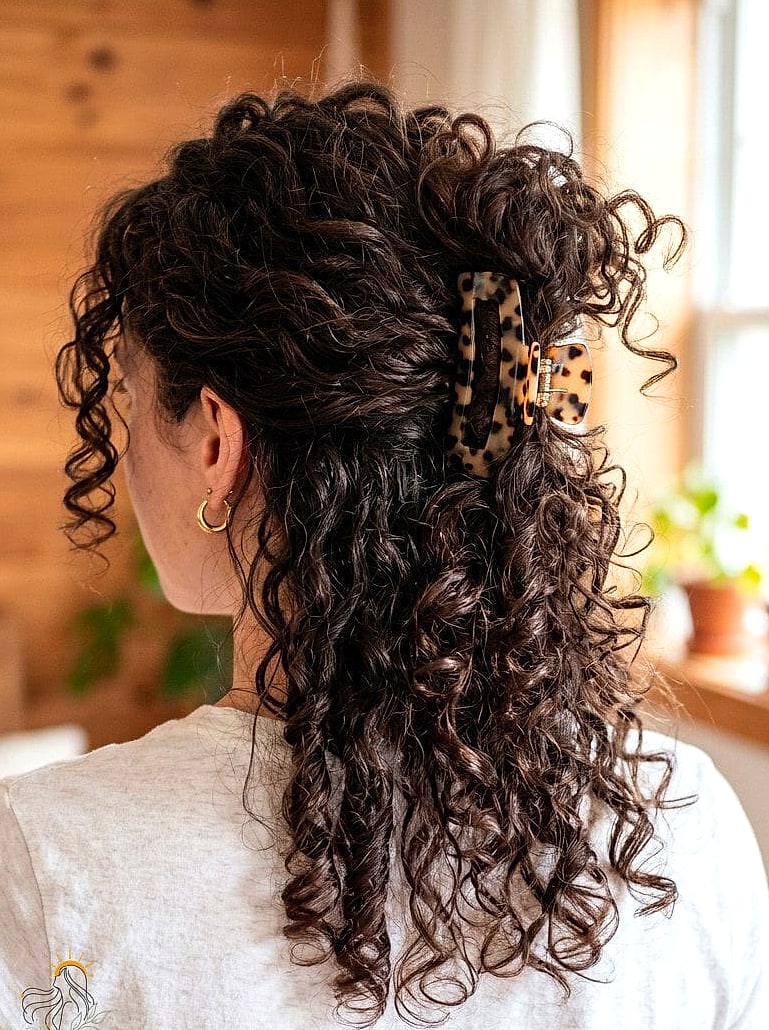 19 Claw Clip Hairstyles Curly Hair Ideas You Need to Try Right Now 4 Half-Up Claw Clip Curls