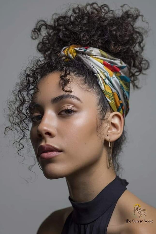 21 Headband Hairstyles Curly Hair Everyone Is Pinning Right Now 17 Headband Wrapped Curly Bun