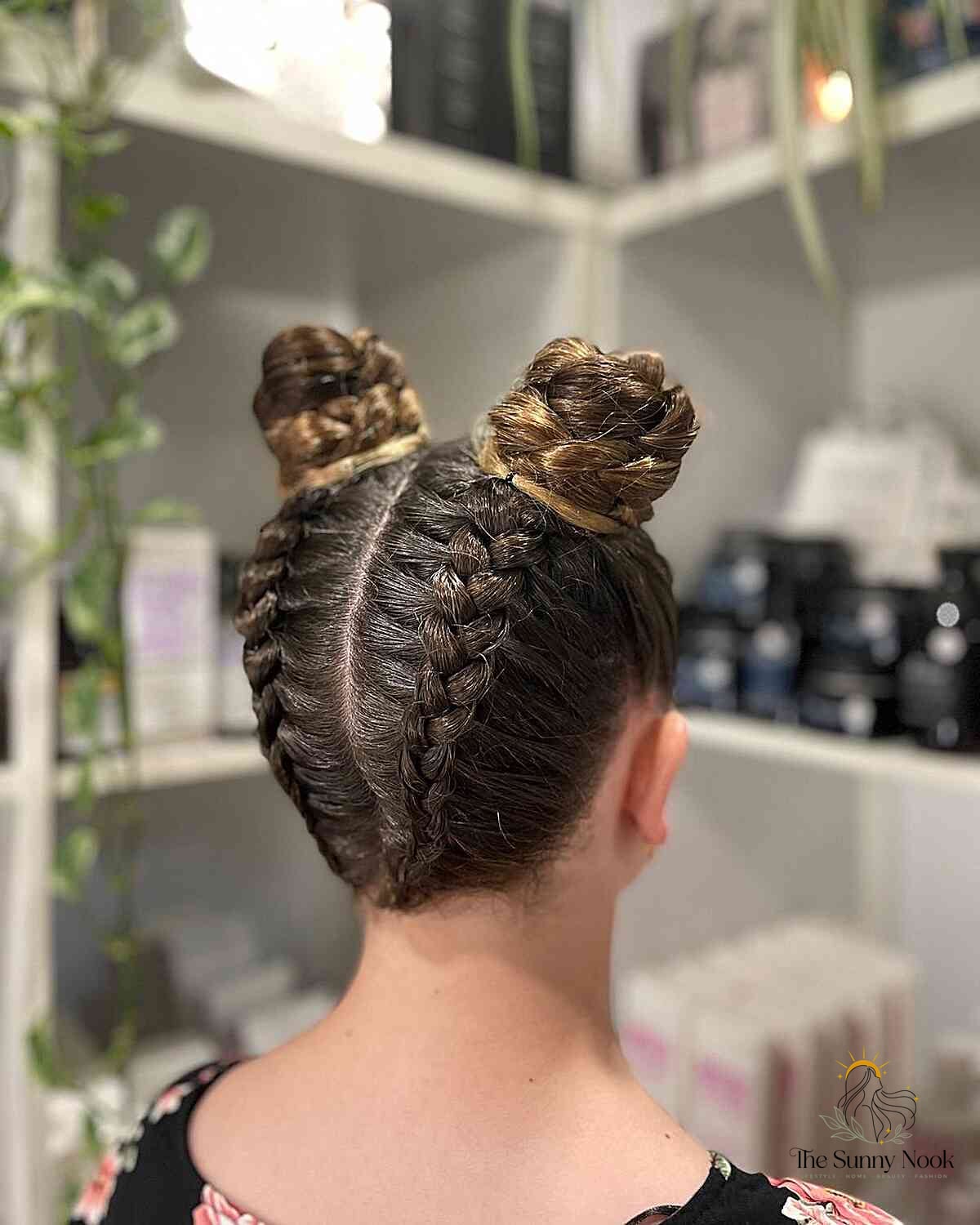 27 Slick Bun Hairstyles We're Obsessed With Right Now 13 Inverted Braids with Space Buns