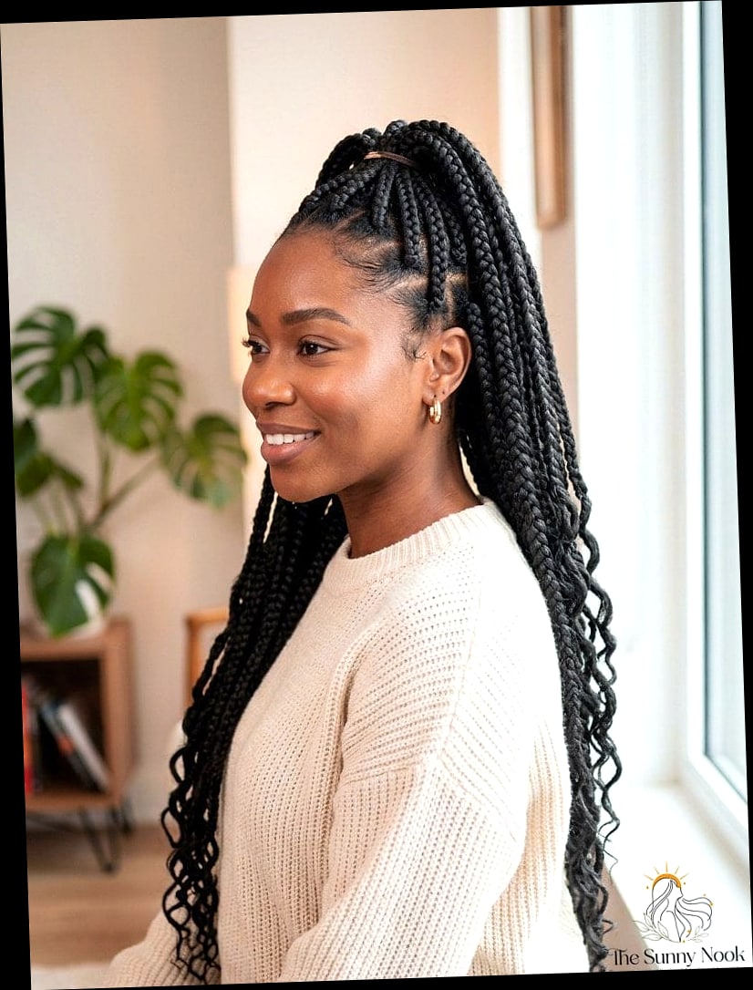 30 Half Up Half Down Hairstyles Short Hair to Show Your Stylist ASAP 6 Jumbo Knotless Braids with Curled Ends