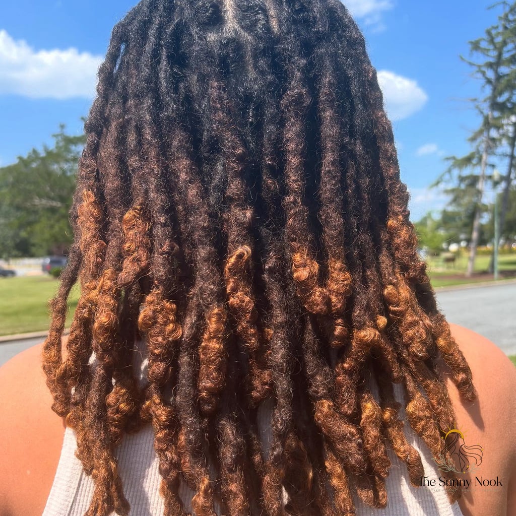 Long Ombre Locs With Caramel Ends and Curly Tips
