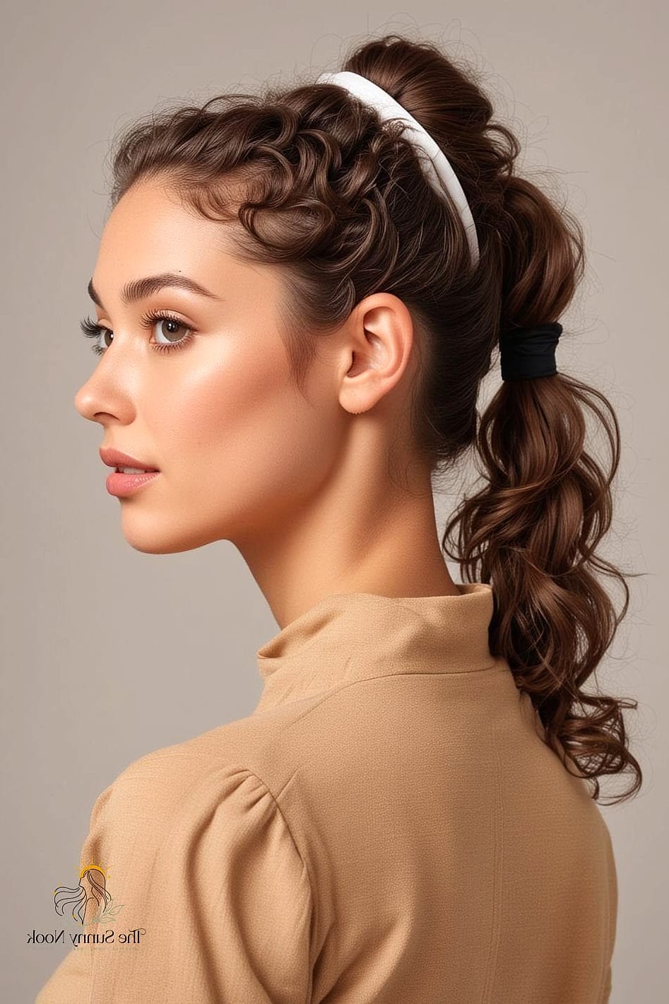 21 Headband Hairstyles Curly Hair Everyone Is Pinning Right Now 13 Low Ponytail Secured by a Twisted Headband