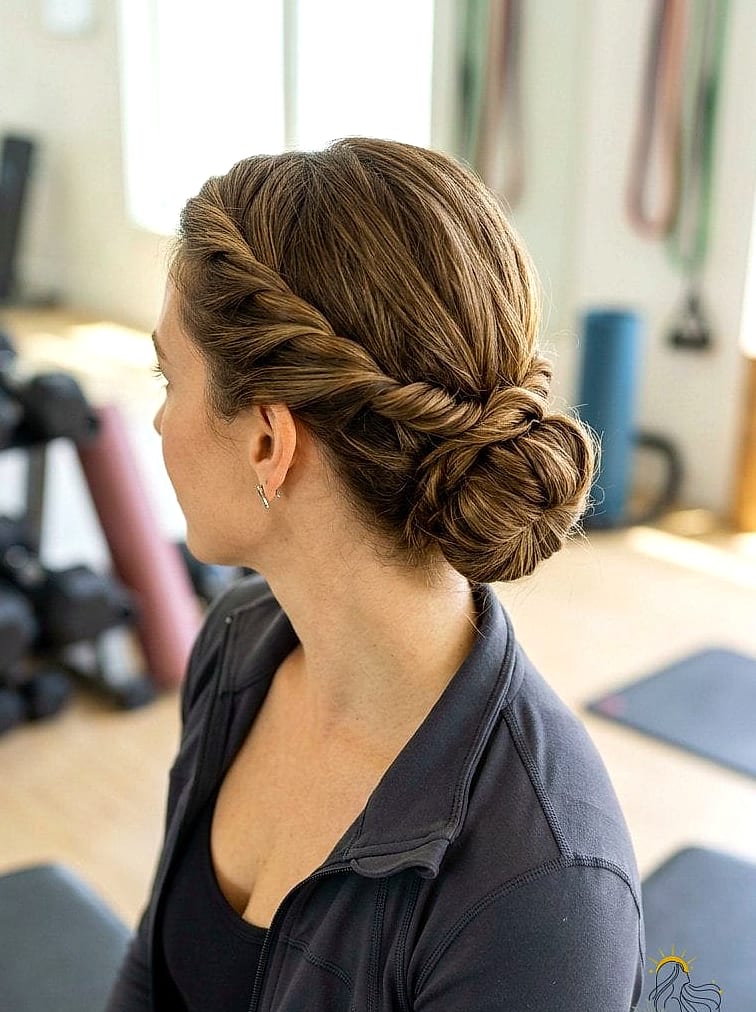 16 Gym Hairstyles For Medium Hair Inspo That's Giving Us Everything 14 Low Twisted Bun