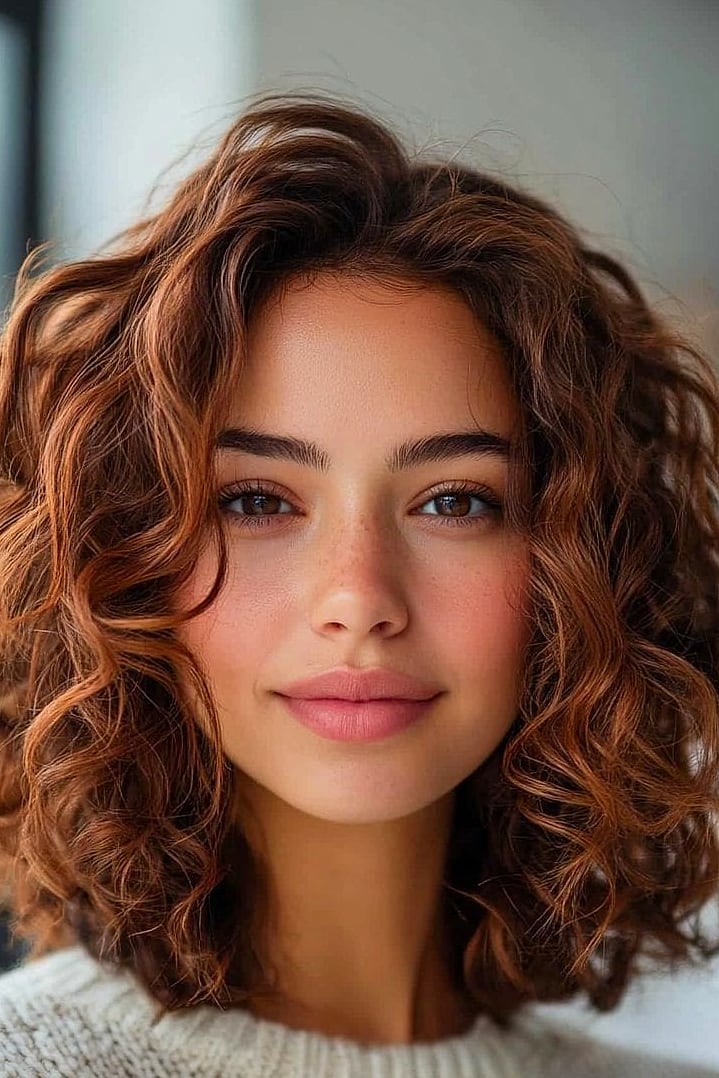Mid-Length Curly Hairstyle with Curly Bangs
