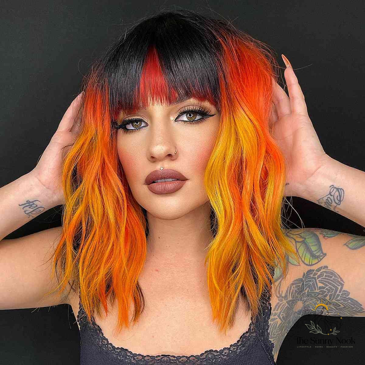23 Color 4 Braids for the Ultimate Glow Up 23 Orange and Yellow Hair with Black Bangs