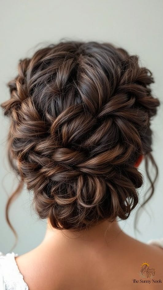 23 Hairstyles For Thick Curly Hair Looks That Will Seriously Inspire You 13 Plaited Updo with Straight Bangs