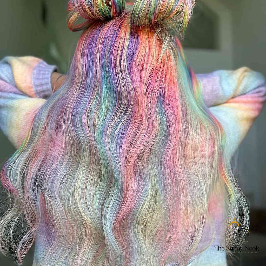 22 Party Hairstyles For Medium Hair for the Ultimate Glow Up 2 Rainbow Hair with Half-Up Double Buns