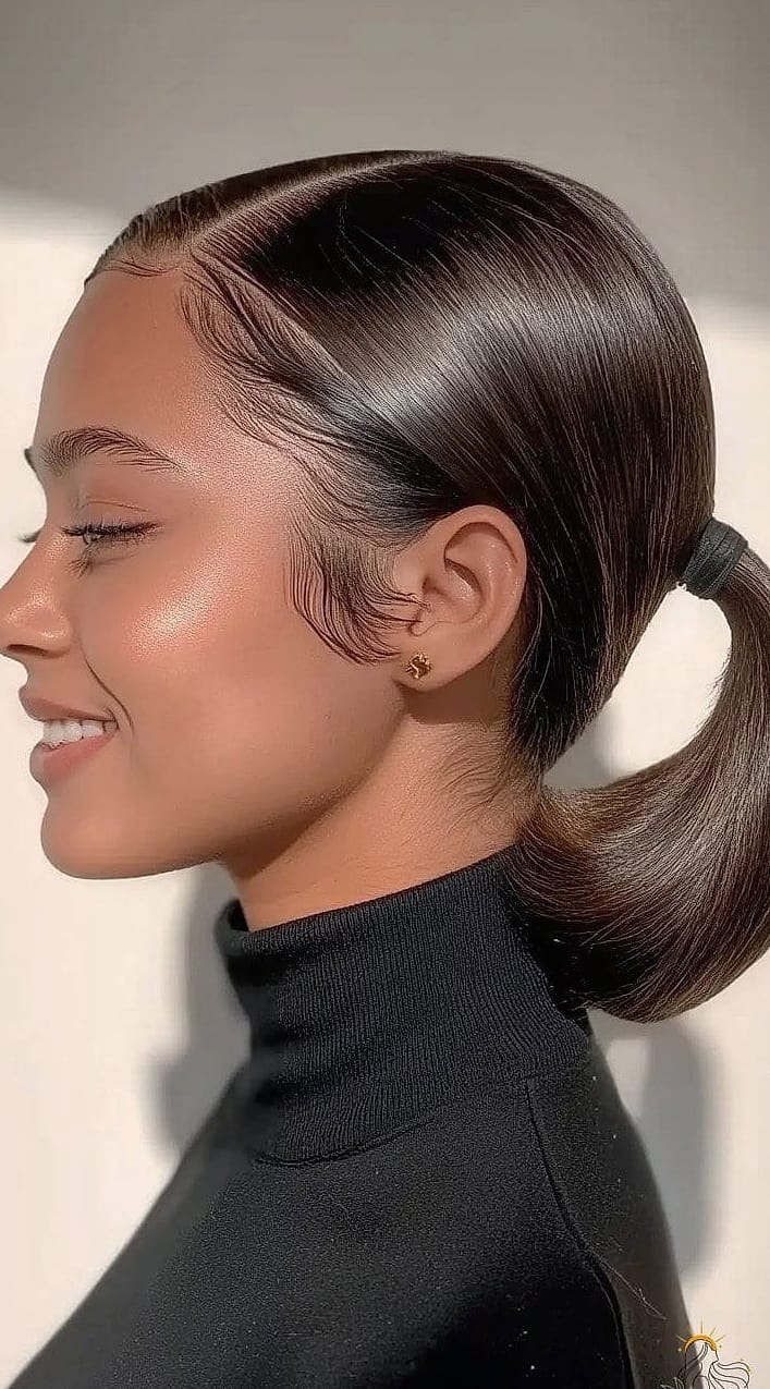 Slick Ponytail with a Center-Parted Fringe