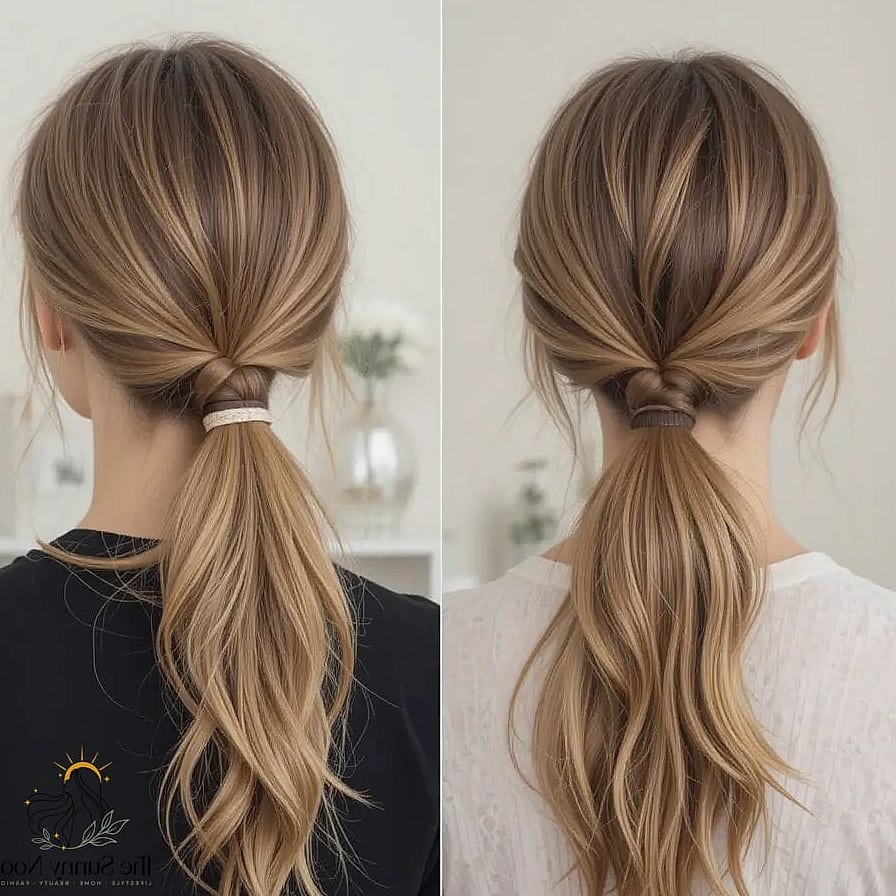 27 Ponytail Hairstyles Short Hair You'll Want to Re-Create Immediately 25 Textured Low Braided Updo with Warm Highlights