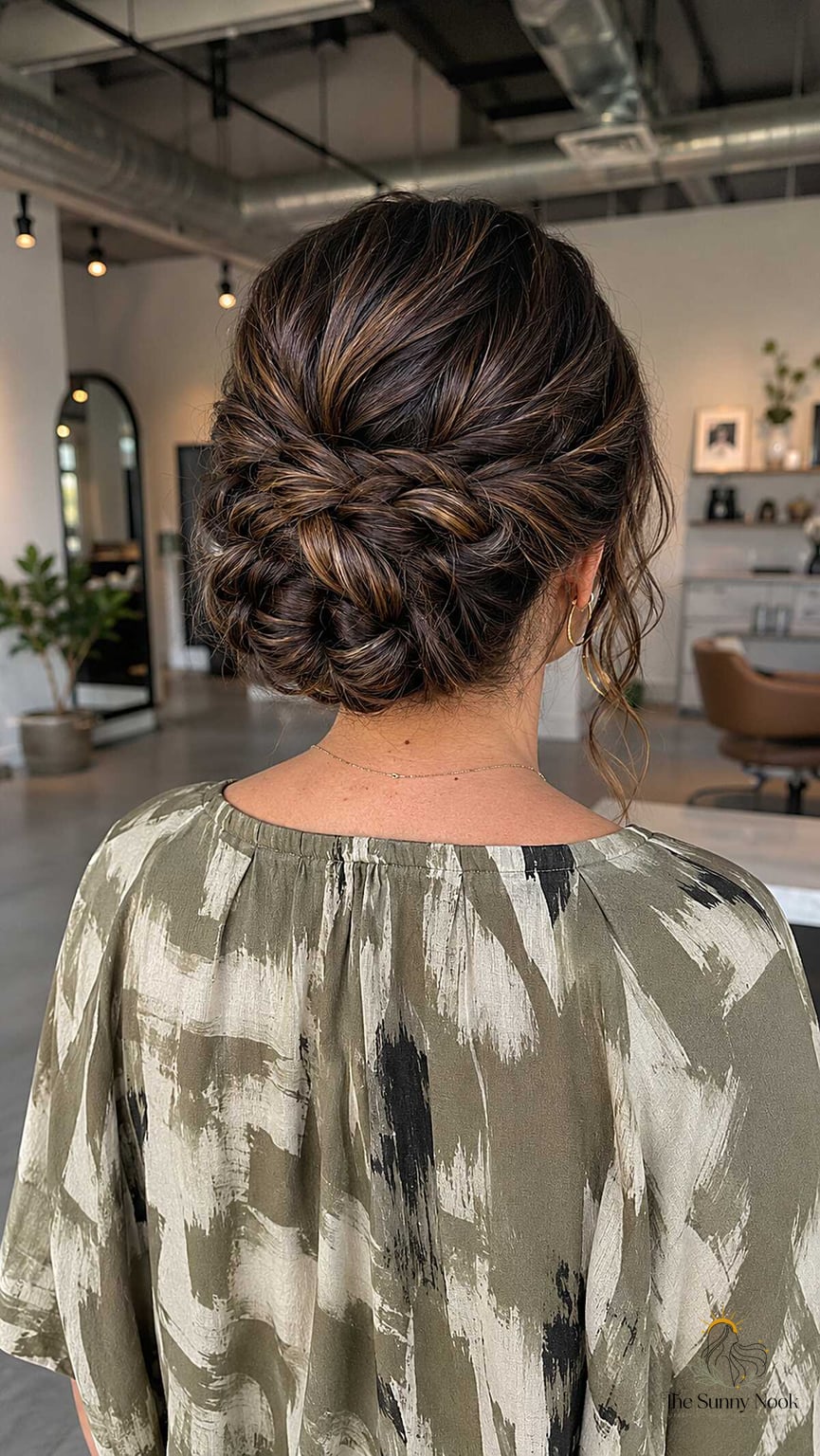 27 Easy Braid Hairstyles That Work on Every Hair Length 3 Textured Low Braided Updo with Warm Highlights