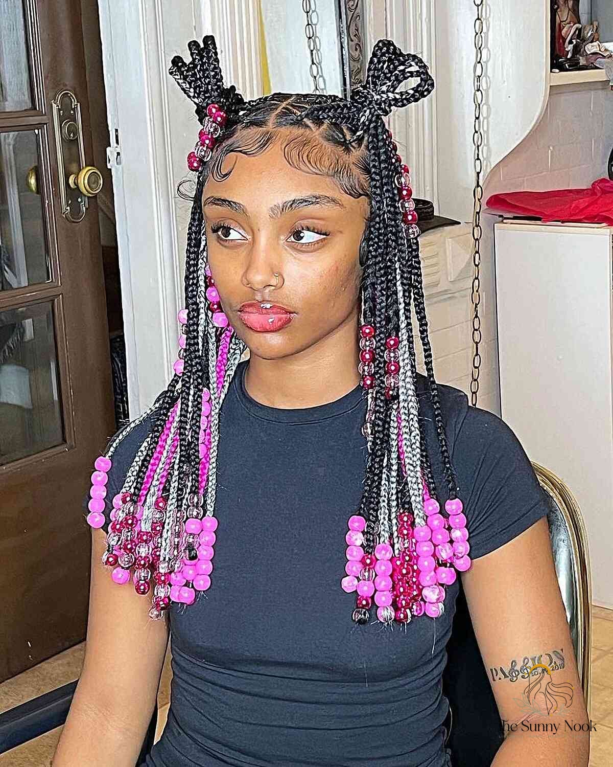 10 Color Knotless Braids for the Ultimate Glow Up 10 Triangle Knotless Braids with Pink Beads