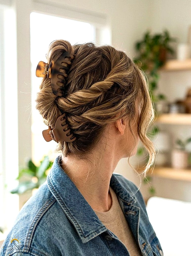 23 Long Hair Claw Clip Hairstyles Inspo That's Giving Us Everything 13 Twisted Claw Clip Updo for Curly Hair
