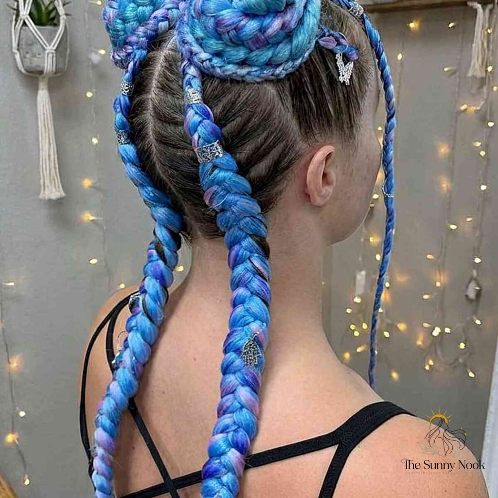 22 Party Hairstyles For Medium Hair for the Ultimate Glow Up 13 Vibrant Blue Rave Braids with Unique Buns