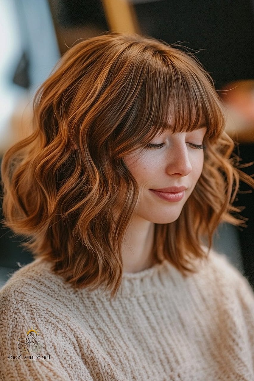 21 Gorgeous Hairstyles For Wavy Curly Hair for Every Hair Type 9 Wavy Lob with Bangs