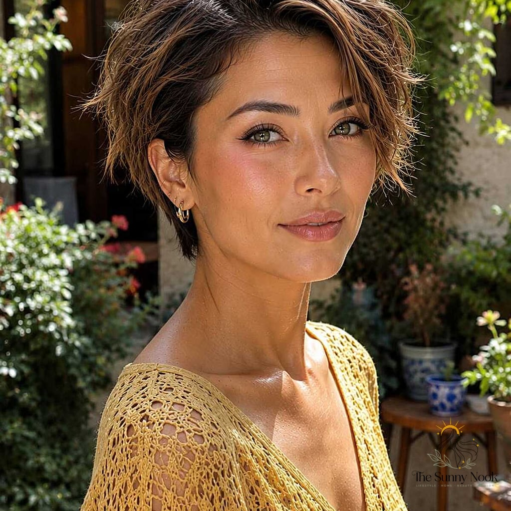 25 Stunning Fancy Hairstyles For Short Hair Worth Bookmarking Today 18 The Windswept Brunette Pixie with Sun Streaks