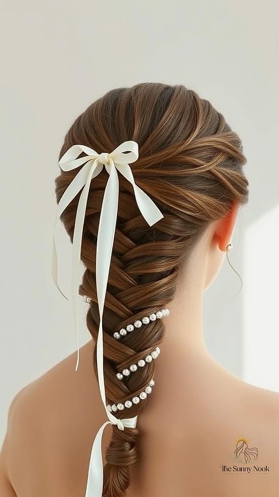 27 Stunning One Braid Hairstyles Worth Bookmarking Today 19 Wrapped Braid with Ribbon