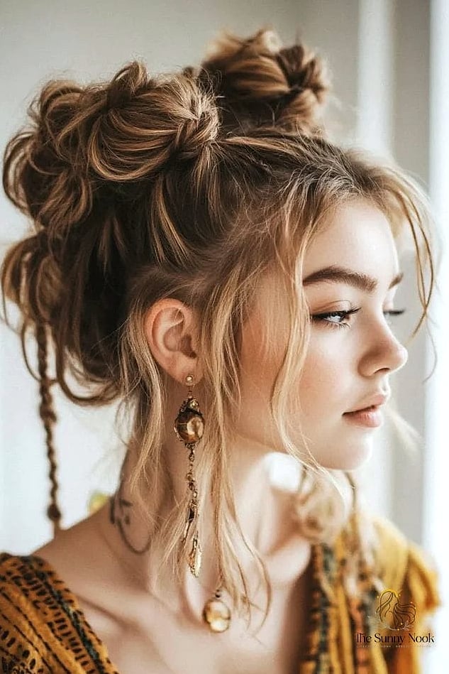 25 Boho Hairstyles For Short Hair That Are Actually Easy to DIY 24 Boho Bun with Face-Framing Pieces