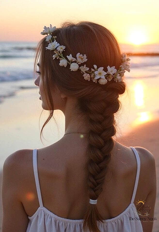 20 Cute Beach Hairstyles That Prove This Trend Is Here to Stay 4 Braided Crown With Loose Pieces