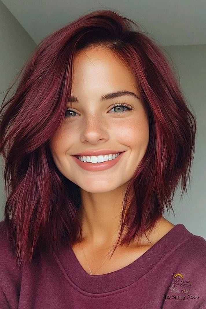 Cherry Brown Lob with Face-Framing Layers