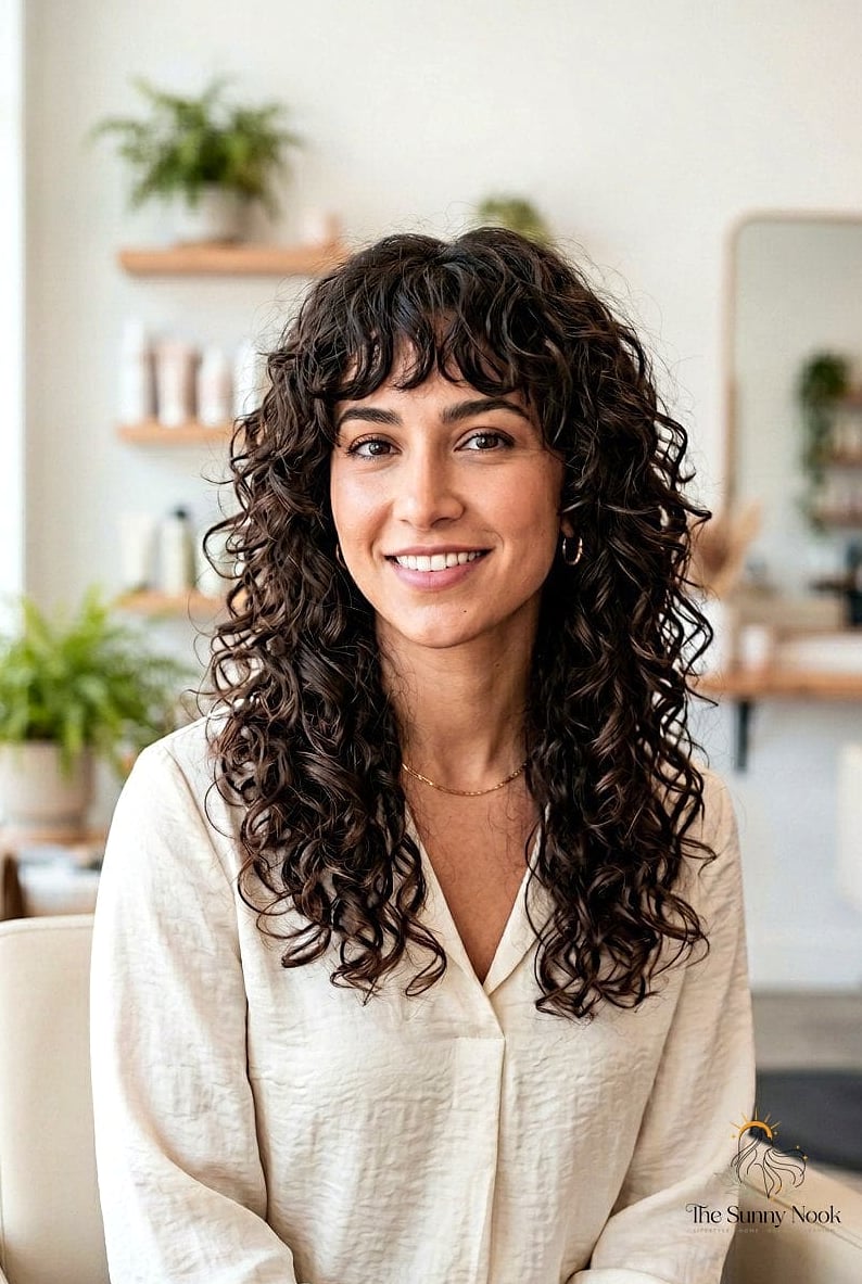 30 Gorgeous Diamond Face Hairstyles for Every Hair Type 13 Curly Shag with Curtain Fringe