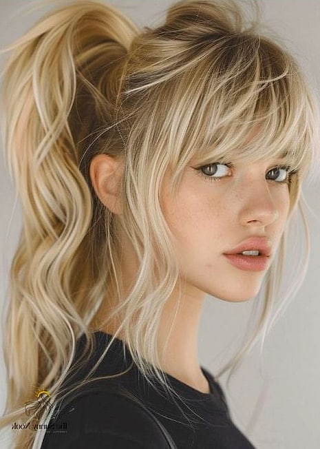 25 Frontal Ponytail Hairstyles That Belong on Your Inspiration Board 11 Curtain Bangs with High Frontal Ponytail