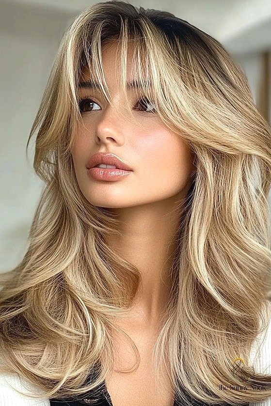 Curtain Bangs with a Low Ponytail